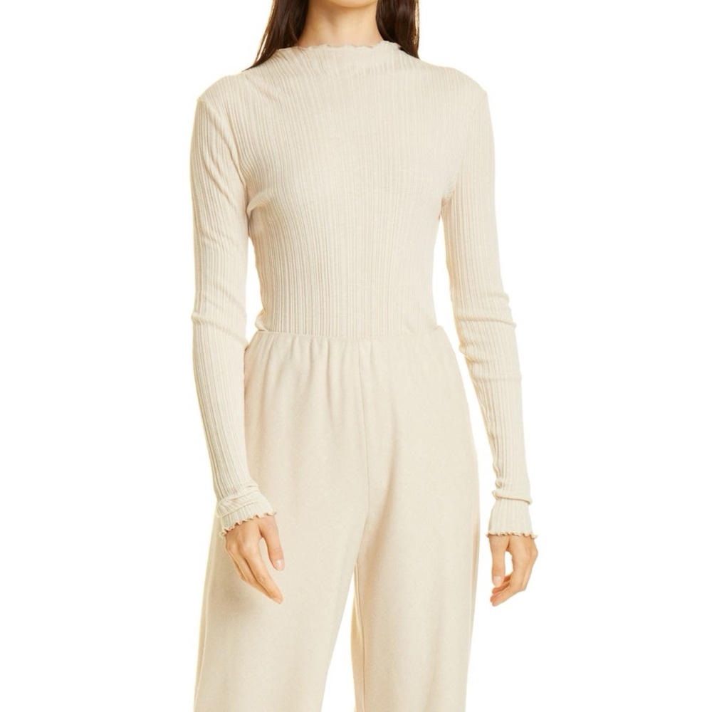 Cream Plisse Pleated Mock Neck Top